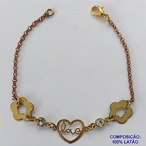 PULSEIRA NO BRUTO PRONTO PARA O BANHO(CX61) - PULSEIRA FLORES COM STRASS E CORAÇÃO LOVE- TAMANHO 16CM + EXTENSOR - PESO 1.7GR - FECHO LAGOSTA - BRU10658