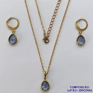 CONJUNTO NO BRUTO PRONTO PARA O BANHO - GARGANTILHA COM CORRENTE VENEZIANA DE 45CM - BRINCO COM ZIRCÔNIA LILÁS 8X10MM COM ARGOLA DE PRESSÃO - PESO TOTAL: 4GR - BRU10665