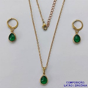 CONJUNTO NO BRUTO PRONTO PARA O BANHO - GARGANTILHA COM CORRENTE CADEADO DE 45CM - BRINCO COM ZIRCÔNIA VERDE 8X10MM COM ARGOLA DE PRESSÃO - PESO TOTAL: 4GR - BRU10666