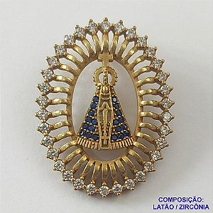 PINGENTE NO BRUTO PRONTO PARA O BANHO (CX23) - PINGENTE NOSSA SENHORA APARECIDA COM ZIRCÔNIAS CRISTAIS E MICRO ZIRCÔNIAS AZUÍS 23X30MM PESO 4.3GR- BRU0001939