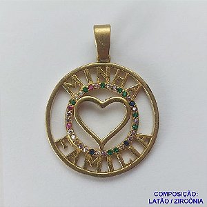 PINGENTE NO BRUTO PRONTO PARA O BANHO(CX63) - PINGENTE MINHA FAMÍLIA CORAÇÃO VAZADO COM MICRO ZIRCÔNIAS COLORIDAS 22MM PESO 2.3GR- BRU0001940