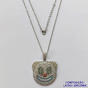 GARGANTILHA NO BRUTO PRONTO PARA O BANHO (CX33)- COM CORRENTE CADEADO DE 45CM - PINGENTE PALHAÇO TODO CRAVEJADO COM MICRO ZIRCÔNIAS CRISTAIS 34MM - PESO TOTAL 11.4GR - BRU10673