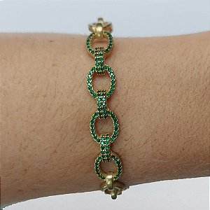 PULSEIRA (BRACELETE) NO BRUTO PRONTO PARA O BANHO(CX126) - DETALHES VAZADOS COM  ZIRCÔNIAS VERDES- PESO TOTAL 14.3GR - BRU10687