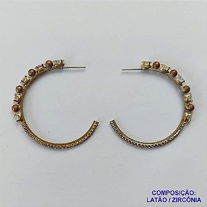BRINCO NO BRUTO PRONTO PARA O BANHO(CX61) - BRINCO DE ARGOLA COM BOLINHAS E ZIRCÔNIAS - TAMANHO 42MM - PESO 6.0GR - BRU10700