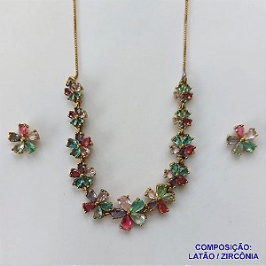 CONJUNTO NO BRUTO PRONTO PARA O BANHO (CX62) COM CORRENTE VENEZIANA DE 45CM - FLORES EM ZIRCÔNIAS COLORIDAS E BRINCO FLOR EM ZIRCÔNIA COLORIDA 11MM - PESO TOTAL 11GR - BRU10704