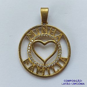 PINGENTE NO BRUTO PRONTO PARA O BANHO (CX29) - PINGENTE CORAÇÃO VAZADO MINHA FAMÍLIA COM MICRO ZIRCÔNIAS 23MM PESO 2.3GR- BRU0001958
