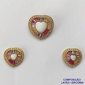 CONJUNTO NO BRUTO PRONTO PARA O BANHO(CX61) - CONJUNTO SEM CORRENTE - (PINGENTE E BRINCOS) PINGENTE CORAÇÃO COM MICRO ZIRCÔNIAS E ZIRCÔNIAS COLORIDAS 22MM E BRINCO CORAÇÃO COM MICRO ZIRCÔNIAS COLORIDAS 17MM - PESO TOTAL 7.6GR -  BRU10724