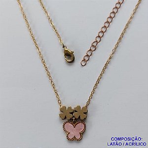 GARGANTILHA NO BRUTO PRONTO PARA O BANHO - COM CORRENTE CADEADO DE 45CM - PINGENTE TIPO VAN CLEEF ROSA 10MM - PESO TOTAL 3,5GR - BRU10856