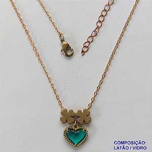 GARGANTILHA NO BRUTO PRONTO PARA O BANHO - COM CORRENTE CADEADO DE 45CM - PINGENTE TIPO VAN CLEEF VERDE 10MM - PESO TOTAL 3,5GR - BRU10862