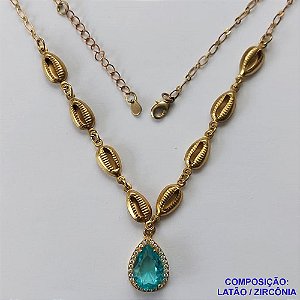GARGANTILHA NO BRUTO PRONTO PARA O BANHO - CORRENTE DE 45CM COM CONCHAS E PINGENTE EM ZIRCÔNIA AZUL 8X12MM E BASE CRAVEJADA EM MICROS ZIRCÔNIAS - PESO TOTAL 6,7GR - BRU10865