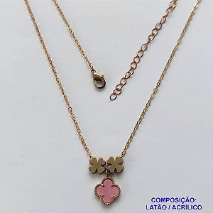 GARGANTILHA NO BRUTO PRONTO PARA O BANHO - COM CORRENTE CADEADO DE 45CM - PINGENTE TIPO VAN CLEEF ROSA 10MM - PESO TOTAL 3,5GR - BRU10873