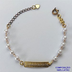 PULSEIRA NO BRUTO PRONTO PARA O BANHO - (CX64) PULSEIRA INFANTIL COM PÉROLAS E CHAPINHA - TAMANHO 13CM + EXTENSOR - PESO 2,2GR - FECHO REDONDO - BRU10877