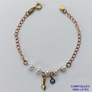 PULSEIRA NO BRUTO PRONTO PARA O BANHO - (CX64) PULSEIRA INFANTIL COM PÉROLAS, OLHO GREGO E FIGA - TAMANHO 13CM + EXTENSOR - PESO 2,2GR - FECHO REDONDO - BRU10878