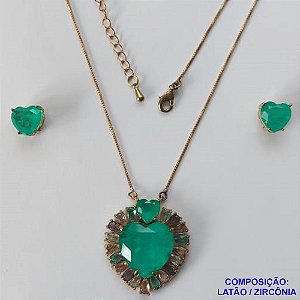 CONJUNTO NO BRUTO PRONTO PARA O BANHO - (CX64) CONJUNTO COM CORRENTE VENEZIANA 45CM - PINGENTE ZIRCÔNIA VERDE COM BASE CRAVEJADA COM MICRO ZIRCÔNIAS COLORIDAS E BRINCOS DE PINO COM ZIRCÔNIA - COMPOSIÇÃO: LATÃO E ZIRCÔNIA - PESO TOTAL 14GR -  BRU10889
