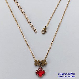 GARGANTILHA NO BRUTO PRONTO PARA O BANHO - COM CORRENTE CADEADO DE 45CM - PINGENTE TIPO VAN CLEEF VERMELHO 10MM - PESO TOTAL 3,5GR - BRU10906