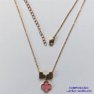GARGANTILHA NO BRUTO PRONTO PARA O BANHO - COM CORRENTE CADEADO DE 45CM - PINGENTE TIPO VAN CLEEF ROSA 10MM - PESO TOTAL 3,5GR - BRU10908
