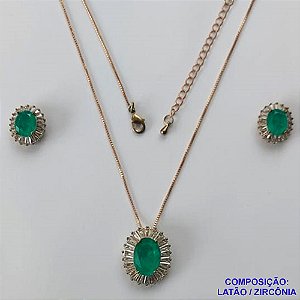 CONJUNTO NO BRUTO PRONTO PARA O BANHO(TTUU)(CX01)COM CORRENTE VENEZIANA 45CM - PINGENTE COM ZIRCÔNIA VERDE E BASE CRAVEJADA COM MICRO ZIRCÔNIAS CRISTAIS E BRINCOS DE PINO COM ZIRCÔNIA - COMPOSIÇÃO: LATÃO E ZIRCÔNIA - PESO TOTAL 10,4GR - BRU11208