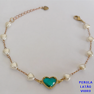 PULSEIRA NO PRUTO PRONTO PARA O BANHO(TODA EM  PEROLA  DE CORAÇÃO DE 18CM (COM CORAÇÃO DE VIDRO) - TOTAL 5.2GR - BRU10983