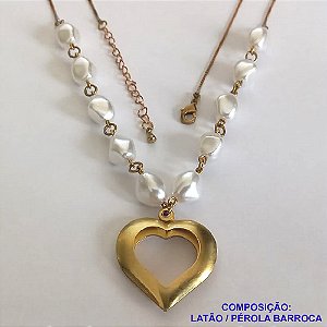GARGANTILHA NO BRUTO PRONTO PARA O BANHO - COM PÉROLAS BARROCAS E PINGENTE CORAÇÃO DUPLO VAZADO 26X28MM (303) - COM CORRENTE VENEZIANA - TAMANHO 60CM + EXTENSOR - PESO: 9,9GR - BRU11226