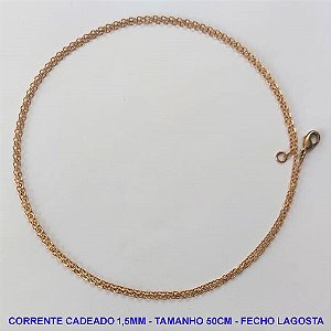 CORRENTE NO BRUTO PRONTO PARA O BANHO - CORRENTE CADEADO EM LATÃO - TAMANHO 50CM - LARGURA 1,5MM - FECHO LAGOSTA - PESO 1,6GR - COMPOSIÇÃO: 100% LATÃO - BRU12252