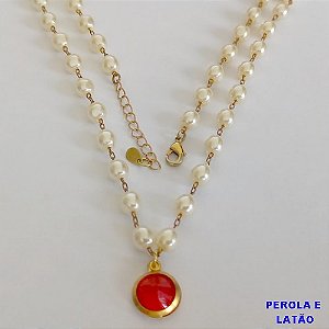 SHOCKER NO BRUTO PRONTO PARA O BANHO - CORRENTE COM PÉROLAS 5MM E PINGENTE EM ZIRCÔNIA VERMELHA 10MM  - TAMANHO 40CM + EXTENSOR - PESO: 8,2GR - BRU12297