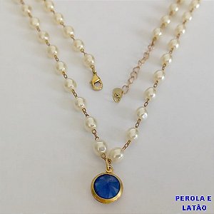 SHOCKER NO BRUTO PRONTO PARA O BANHO - CORRENTE COM PÉROLAS 5MM E PINGENTE EM ZIRCÔNIA AZUL 10MM  - TAMANHO 40CM + EXTENSOR - PESO: 8,2GR - BRU12298