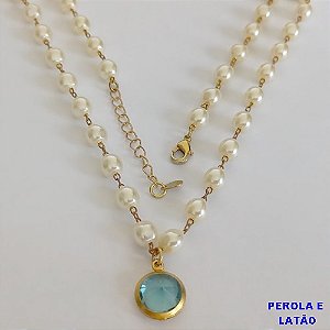 SHOCKER NO BRUTO PRONTO PARA O BANHO - CORRENTE COM PÉROLAS 5MM E PINGENTE EM ZIRCÔNIA AZUL CLARO 10MM  - TAMANHO 40CM + EXTENSOR - PESO: 8,2GR - BRU12299