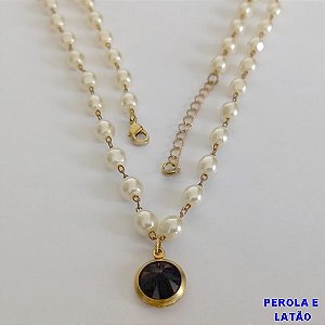 SHOCKER NO BRUTO PRONTO PARA O BANHO - CORRENTE COM PÉROLAS 5MM E PINGENTE EM ZIRCÔNIA PRETA 10MM  - TAMANHO 40CM + EXTENSOR - PESO: 8,2GR - BRU12401
