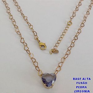 SHOCKER NO BRUTO PRONTO PARA O BANHO - CORRENTE CORAÇÕES E PINGENTE EM ZIRCÔNIA LILÁS 10MM  - TAMANHO 40CM + EXTENSOR - PESO: 3,6GR - BRU12415