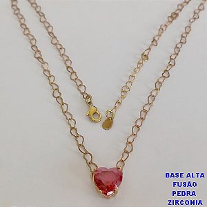 SHOCKER NO BRUTO PRONTO PARA O BANHO - CORRENTE CORAÇÕES E PINGENTE EM ZIRCÔNIA ROSA 10X10MM  - TAMANHO 40CM + EXTENSOR - PESO: 3,6GR - BRU12417