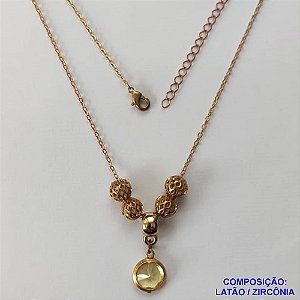 GARGANTILHA NO BRUTO PRONTO PARA O BANHO - COM CORRENTE CADEADO DE 45CM + EXTENSOR - PINGENTE ZIRCÔNIA AMARELA 10MM E BOLINHAS COM DETALHES VAZADOS - PESO TOTAL 4,4GR - BRU12457