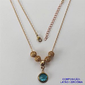 GARGANTILHA NO BRUTO PRONTO PARA O BANHO - COM CORRENTE CADEADO DE 45CM + EXTENSOR - PINGENTE ZIRCÔNIA AZUL CLARA 10MM E BOLINHAS COM DETALHES VAZADOS - PESO TOTAL 4,4GR - BRU12470