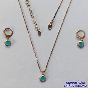 CONJUNTO NO BRUTO PRONTO PARA O BANHO -  CONJUNTO INFANTIL COM ZIRCÔNIA AZUL 6X6MM - GARGANTIHA COM CORRENTE VENEZIANA DE 35CM + EXTENSOR - BRINCO ARGOLINHA DE PRESSÃO (TRANQUETA) - PESO TOTAL 3,7GR - BRU12500