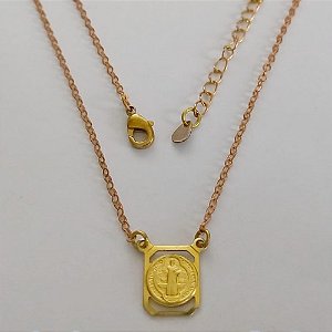 GARGANTILHA NO BRUTO PRONTO PARA O BANHO - CORRENTE CADEADINHO DE 50CM+EXTENSOR (E3115) - PESO TOTAL 2,2GR -(PLAQUINHA SÃO BENTO 11X12) BRU12507