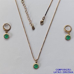 CONJUNTO NO BRUTO PRONTO PARA O BANHO - CONJUNTO ZIRCÔNIA VERDE 6X6MM - GARGANTIHA COM CORRENTE VENEZIANA DE 45CM + EXTENSOR - BRINCO ARGOLINHA DE PRESSÃO (TRANQUETA) - PESO TOTAL 4,1GR - BRU12521