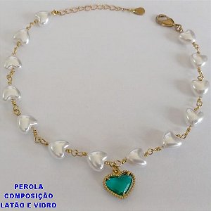 PULSEIRA NO BRUTO PRONTO PARA O BANHO - PULSEIRA TODA EM PÉROLA CORAÇÃO E PINGENTE CORAÇÃO TIPO VAN CLEEF VERDE EM VIDRO 10MM - TAMANHO 18CM + EXTENSOR - PESO: 4GR - BRU12575