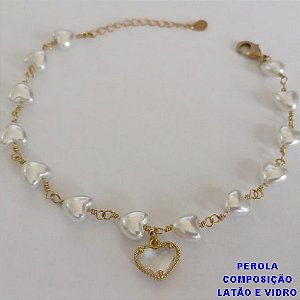 PULSEIRA NO BRUTO PRONTO PARA O BANHO - PULSEIRA TODA EM PÉROLA CORAÇÃO E PINGENTE CORAÇÃO TIPO VAN CLEEF CRISTAL EM VIDRO 10MM - TAMANHO 18CM + EXTENSOR - PESO: 4GR - BRU12580