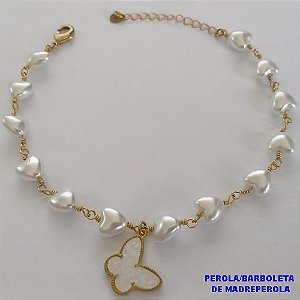 PULSEIRA NO BRUTO PRONTO PARA O BANHO - PULSEIRA TODA EM PÉROLA CORAÇÃO E PINGENTE BORBOLETA TIPO VAN CLEEF MADRE PÉROLA EM RESINA 10MM - TAMANHO 18CM + EXTENSOR - PESO: 4GR - BRU12583