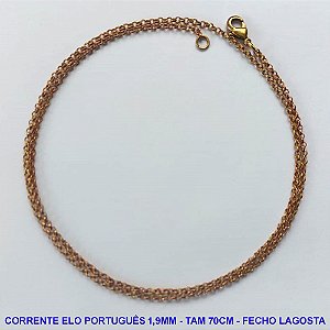 CORRENTE NO BRUTO PRONTO PARA O BANHO - CORRENTE ELO PORTUGUÊS EM LATÃO (P40) - TAMANHO 70CM - LARGURA 1,9MM - FECHO LAGOSTA - PESO 3GR - COMPOSIÇÃO: 100% LATÃO - BRU12593