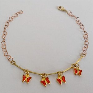 PULSEIRA NO BRUTO PRONTO PARA O BANHO(CX63) - PULSEIRA COM BORBOLETAS VERMELHAS - TAMANHO 18CM - PESO 2GR - FECHO LAGOSTA - BRU12624