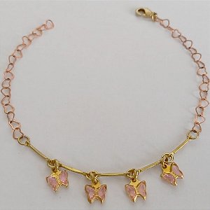 PULSEIRA NO BRUTO PRONTO PARA O BANHO(CX63) - PULSEIRA COM BORBOLETAS ROSAS - TAMANHO 18CM - PESO 2GR - FECHO LAGOSTA - BRU12626