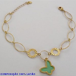 PULSEIRA NO BRUTO PRONTO PARA O BANHO -  PULSEIRA COM ELEMENTOS VAZADOS E PINGENTE BORBOLETA TIPO VAN CLEEF VERDE 15MM - TAMANHO: 18CM + EXTENSOR - PESO: 3,6GR - BRU12643