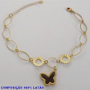 PULSEIRA NO BRUTO PRONTO PARA O BANHO -  PULSEIRA COM ELEMENTOS VAZADOS E PINGENTE BORBOLETA TIPO VAN CLEEF PRETA 15MM - TAMANHO: 18CM + EXTENSOR - PESO: 3,6GR - BRU12644