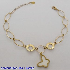 PULSEIRA NO BRUTO PRONTO PARA O BANHO -  PULSEIRA COM ELEMENTOS VAZADOS E PINGENTE BORBOLETA TIPO VAN CLEEF MADRE PÉROLA 15MM - TAMANHO: 18CM + EXTENSOR - PESO: 3,6GR - BRU12645
