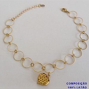 PULSEIRA NO BRUTO PRONTO PARA O BANHO -  PULSEIRA COM ELEMENTOS VAZADOS REDONDOS E PINGENTE CORAÇÃO DUPLO - TAMANHO: 18CM + EXTENSOR - PESO: 2,5GR - BRU12652