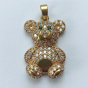 PINGENTE NO BRUTO PRONTO PARA O BANHO (CX03) - PINGENTE URSO CRAVEJADO EM MICROS ZIRCÔNIAS E COM OLHOS VERDES - COMPOSIÇÃO: LATÃO / ZIRCÔNIA  - TAMANHO 15X24MM - PESO TOTAL 3,6GR - BRU12690
