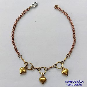 PULSEIRA NO BRUTO PRONTO PARA O BANHO(CX70) - PULSEIRA COM ELEMENTOS VAZADOS E TRÊS CORAÇÕES - TAMANHO 18CM - PESO 3,2GR - BRU12796