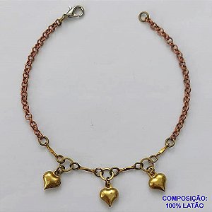 PULSEIRA NO BRUTO PRONTO PARA O BANHO(CX70) - PULSEIRA COM ELEMENTOS VAZADOS E TRÊS CORAÇÕES - TAMANHO 18CM - PESO 3,3GR - BRU12803