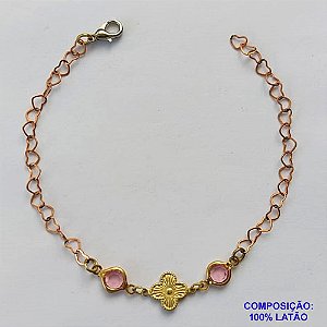 PULSEIRA NO BRUTO PRONTO PARA O BANHO(CX70) - PULSEIRA COM CRISTAIS ROSA E PINGENTE TIPO VAN CLEEF - TAMANHO 18CM - PESO 2GR - FECHO LAGOSTA - BRU12813
