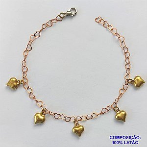 PULSEIRA NO BRUTO PRONTO PARA O BANHO(CX70) - PULSEIRA COM CINCO CORAÇÕES DUPLOS - TAMANHO 18CM - PESO 2,4GR - FECHO LAGOSTA - BRU12816